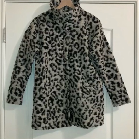 NEXT Grey Leopard Print Wool Coat with Funnel Neck - Picture 4 of 12